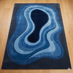 Hand Tufted Rug Blue Wavy 3D Textured Wool Rug - Abstract Ripple Area Rug Blue Gradient Hand Carpet for Living Room - Luxury Aesthetic Rug