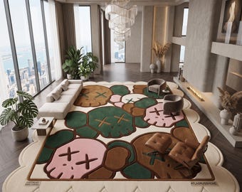 Kaws Pop Art Tufted Rug | Hypebeast Scalloped Area Carpet | Modern Kaws Bedroom Mat | Living Room 8x10 9x12 Custom Floor Decor