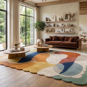 Scalloped Wool Rug, Mid Century Modern Abstract Carpet, Artisan Hand Tufted Area Rug