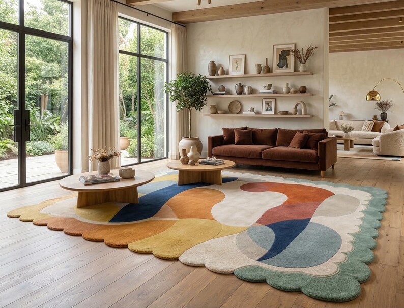 Scalloped Wool Rug, Mid Century Modern Abstract Carpet, Artisan Hand Tufted Area Rug