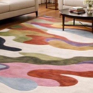 Modern Abstract Wavy Rug, Hand Tufted Wool Area Rug, Colorful ...