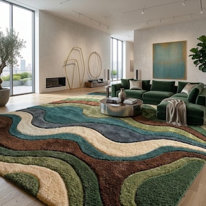 Large Area Rug — Retro Boho Shag Tufted Rug, Mid-Century Modern Living Room Carpet, Green, Brown & Cream Abstract Accent