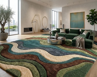 Large Area Rug — Retro Boho Shag Tufted Rug, Mid-Century Modern Living Room Carpet, Green, Brown & Cream Abstract Accent