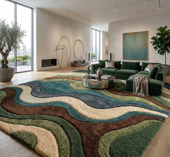 Large Area Rug — Retro Boho Shag Tufted Rug, Mid-Century Modern Living Room Carpet, Green, Brown & Cream Abstract Accent