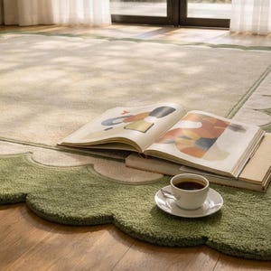Oversized Sage Green Scalloped Rug, Hand Tufted Wool Area Rug, Large Cream & Green Border Rug, Luxury Living Room Rug, Modern Minimalist rug