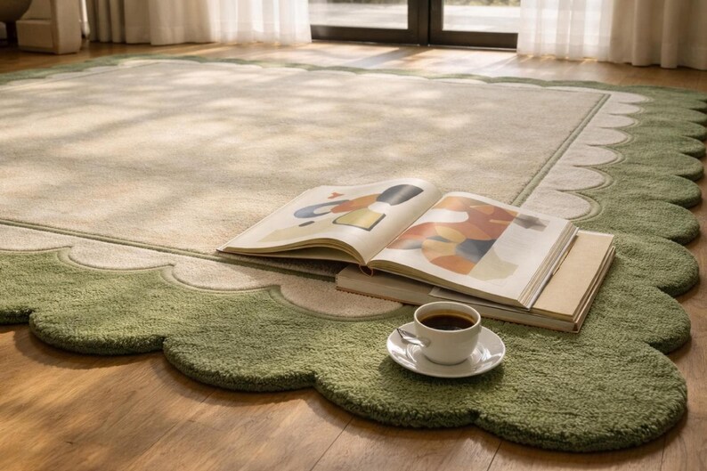 Oversized Sage Green Scalloped Rug, Hand Tufted Wool Area Rug, Large Cream & Green Border Rug, Luxury Living Room Rug, Modern Minimalist rug