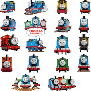 以下が含まれることがあります： カラフルなトーマス＆フレンズの電車キャラクターの画像コレクション。青、赤、黄色、緑、オレンジ色の様々な機関車が、それぞれ笑顔で描かれています。一部の画像には「トーマス＆フレンズ」のロゴが含まれています。