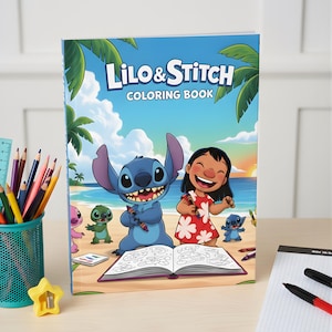 May include: A "Lilo & Stitch" coloring book with a beach scene cover. The cover features Stitch, Lilo, and other characters. The book is open to a coloring page with crayons scattered around. A pencil holder, pencils, and a notepad are in the background.