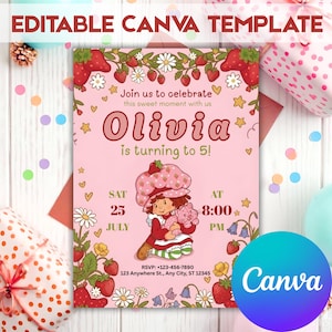 Berry First Birthday Invitation Girl, Strawberry Shortcake Theme Invite, Sweet One Party Editable Template, Printable Pink Birthday Invite