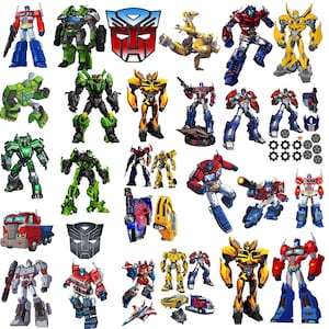 Pode incluir: Uma coleção de personagens Transformers coloridos em várias poses. A imagem inclui Autobots e Decepticons, com Optimus Prime e Bumblebee em destaque. Também inclui o logotipo dos Transformers e ícones de engrenagens.