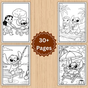 May include: A coloring book featuring line art illustrations of characters from a popular animated film. The book includes images of characters in various scenes, such as at the beach and with a wagon. The cover displays the text "30+ Pages".