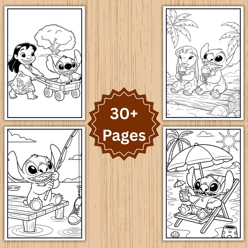 May include: A coloring book featuring line art illustrations of characters from a popular animated film. The book includes images of characters in various scenes, such as at the beach and with a wagon. The cover displays the text "30+ Pages".
