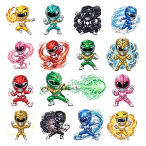Puede incluir: Ilustraciones coloridas de Power Rangers. Cada personaje se representa en una pose dinámica, rodeado de efectos de energía. Los rangers son de varios colores, incluyendo amarillo, verde, rosa, rojo, azul, negro y dorado.