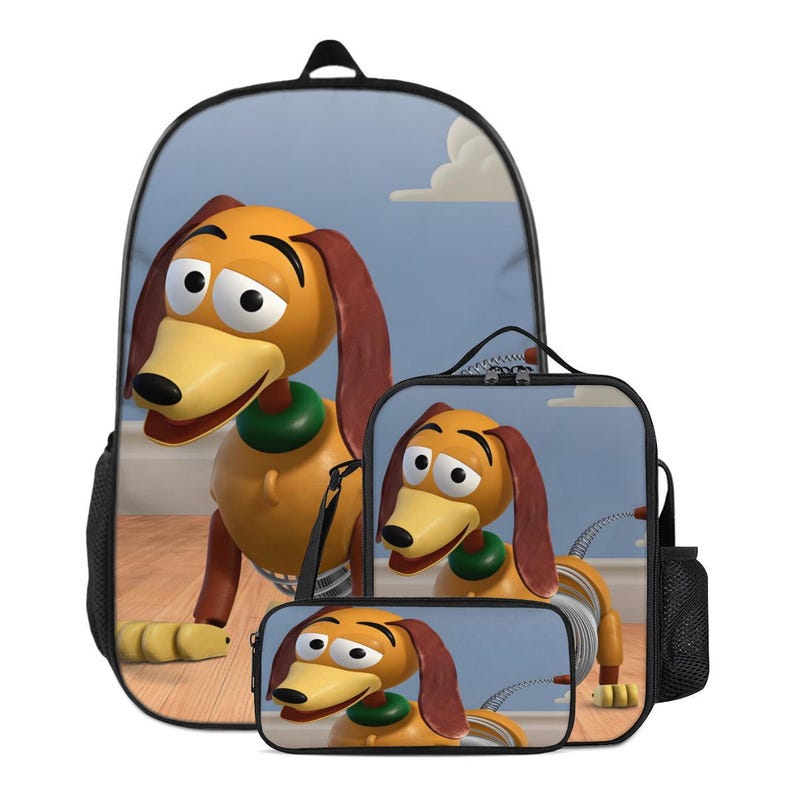 May include: A three-piece backpack set featuring a cartoon dog character. The set includes a large backpack, a lunch bag, and a pencil case. The dog has a yellow body, brown ears, and a green collar. The background is a light blue sky with clouds.