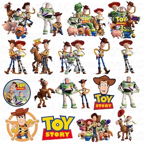 Könnte beinhalten: Eine Sammlung farbenfroher Toy Story-Charakterbilder, darunter Woody, Buzz Lightyear und andere Charaktere. Die Bilder zeigen verschiedene Posen und Gruppenaufnahmen, mit dem Toy Story-Logo in mehreren Designs.