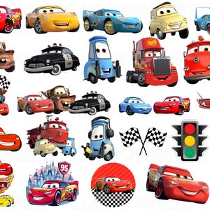 Op de afbeelding: Een verzameling cartoon auto-illustraties in verschillende kleuren, waaronder rood, geel, blauw en bruin. De afbeelding bevat verschillende auto's, een stopbord, een verkeerslicht en geblokte vlaggen. De auto's hebben expressieve gezichten tegen een witte achtergrond.