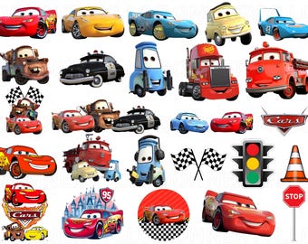 Paquete de imágenes prediseñadas de Cars, Rayo McQueen y Tow Mater, diseños para fiestas de cumpleaños infantiles, alta resolución 4000x4000px, descarga digital