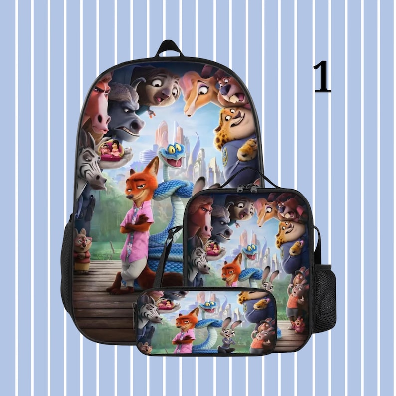 Pode incluir: Um conjunto de mochila de tr&ecirc;s pe&ccedil;as com personagens do filme de anima&ccedil;&atilde;o Zootopia. O conjunto inclui uma mochila grande, uma lancheira e um estojo, todos com um design colorido e detalhado dos personagens do filme contra um fundo de paisagem urbana.