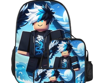 Mochila Roblox, Mochila Escolar em Tecido Oxford com Lancheira Térmica e Estojo, Material Escolar Infantil com Desenho Animado para Meninos e Meninas