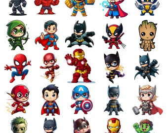 Chibi Superhero PNG Bundle, Cute Superhero Clipart Set, Cartoon Hero PNG, Kids Superhero Characters, Transparent PNG Digital Download