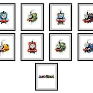 Puede incluir: Nueve impresiones enmarcadas en acuarela de trenes de dibujos animados en varios colores, incluyendo azul, verde, amarillo, rojo y negro. Cada tren está representado con una cara sonriente y una bocanada de humo. Las impresiones están dispuestas en una cuadrícula.