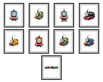 Thomas und seine Freunde Wandkunst Set mit 9 Drucken, Thomas die kleine Lokomotive Aquarell Poster Bundle, Zug Kinderzimmer Dekor, Kinderzimmer druckbare Kunst