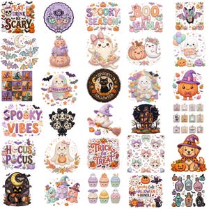 May include: A collection of colorful Halloween-themed stickers and illustrations. Designs include ghosts, pumpkins, bats, cats, and phrases like "Spooky Season" and "Trick or Treat." The stickers feature a variety of styles, from cute cartoon characters to spooky scenes.