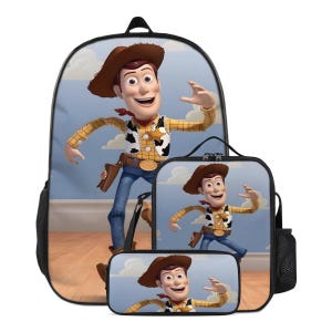 May include: A black backpack, lunch bag, and pencil case set featuring a cartoon image of Woody from Toy Story. The backpack has a large image of Woody against a blue sky background. The lunch bag and pencil case also feature Woody.