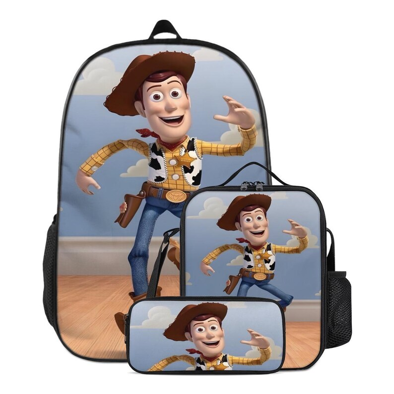 May include: A black backpack, lunch bag, and pencil case set featuring a cartoon image of Woody from Toy Story. The backpack has a large image of Woody against a blue sky background. The lunch bag and pencil case also feature Woody.