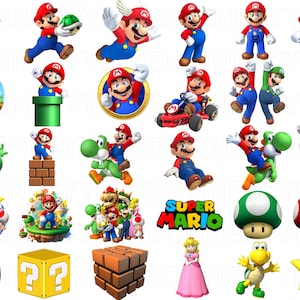 May include: A selection of colourful Super Mario Bros. character and item graphics. The image includes Mario, Luigi, Yoshi, Princess Peach, Goomba, and various game elements like coins, question mark blocks, and mushrooms. The text "SUPER MARIO" is also present.