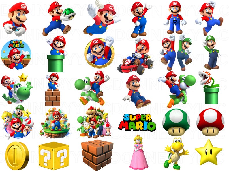 Op de afbeelding: Een verzameling kleurrijke graphics van Super Mario Bros.-personages en -items. De afbeelding bevat Mario, Luigi, Yoshi, Princess Peach, Goomba en verschillende game-elementen zoals munten, vraagtekenblokken en paddenstoelen. De tekst "SUPER MARIO" is ook aanwezig.