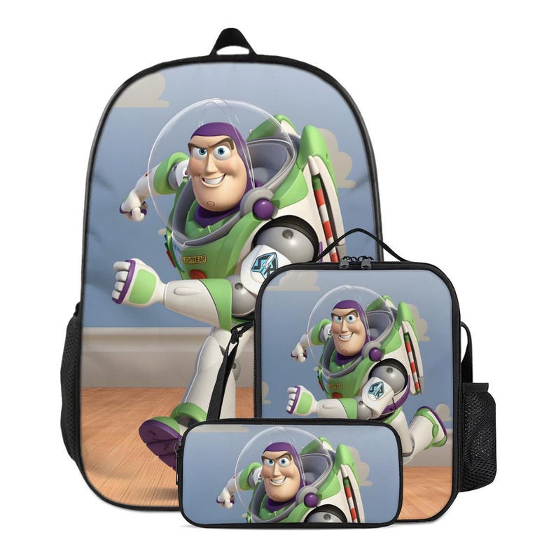 May include: A set of a backpack, lunch bag, and pencil case featuring Buzz Lightyear from Toy Story. The backpack is black with a large image of Buzz Lightyear in his spacesuit. The lunch bag and pencil case also feature Buzz Lightyear.