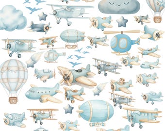 Flugzeug Clipart-Set Aquarell Luftfahrt Kinderzimmer PNG, Pastell Baby Boy Flugzeug Bundle, Vintage Flugzeug Clipart, Baby-Dusche-Dekor
