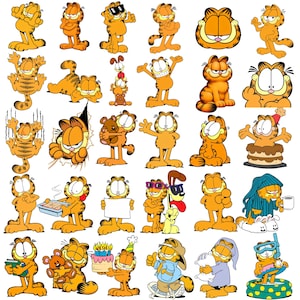 Könnte beinhalten: Eine Sammlung von Cartoon-Bildern von Garfield, der orangefarbenen Katze, in verschiedenen Posen. Einige Bilder zeigen Garfield mit Sonnenbrille, mit einem Kuchen oder mit einem Hund. Die Bilder befinden sich auf weißem Hintergrund.