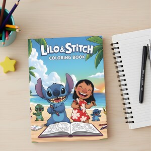 May include: A Lilo & Stitch coloring book is open on a wooden surface, featuring illustrations of Lilo, Stitch, and other characters on a beach. The cover displays the title "Lilo & Stitch Coloring Book" with a blue sky and palm trees in the background.