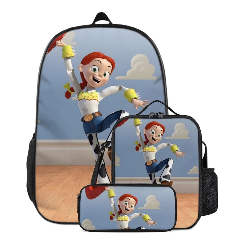 May include: A three-piece backpack set featuring the Toy Story character, Jessie. The set includes a backpack, lunch bag, and pencil case. The design shows Jessie in a dynamic pose against a blue sky background with clouds.