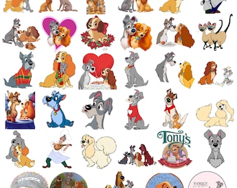 Lady und the Tramp PNG Bundle, Lady und Tramp Clipart PNG, Romantisches Hundepaar Sublimationsdesign, Aufkleber Tumbler Shirt Digitaler Download