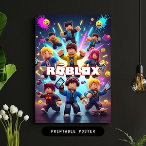 Puede incluir: Un póster vibrante con personajes de Roblox en varias poses, sosteniendo tabletas y rodeados de gráficos coloridos. El logotipo de Roblox se muestra de forma destacada, con las palabras "PRINTABLE POSTER" en la parte inferior. La obra de arte tiene un estilo digital y animado.