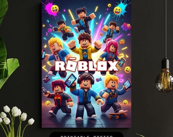 Op de afbeelding: Een levendige poster met Roblox-personages in verschillende poses, die tablets vasthouden en omringd zijn door kleurrijke graphics. Het Roblox-logo staat prominent in beeld, met de woorden "PRINTABLE POSTER" onderaan. De afbeelding heeft een digitale, geanimeerde stijl.
