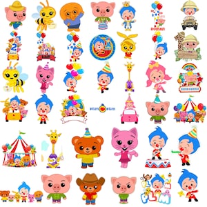May include: A collection of colourful cartoon stickers featuring Plim Plim characters, including a blue-haired clown, a pink pig, a yellow bee, a brown bear, a giraffe, and a pink cat, with various party themes, balloons, and the text Plim Plim.