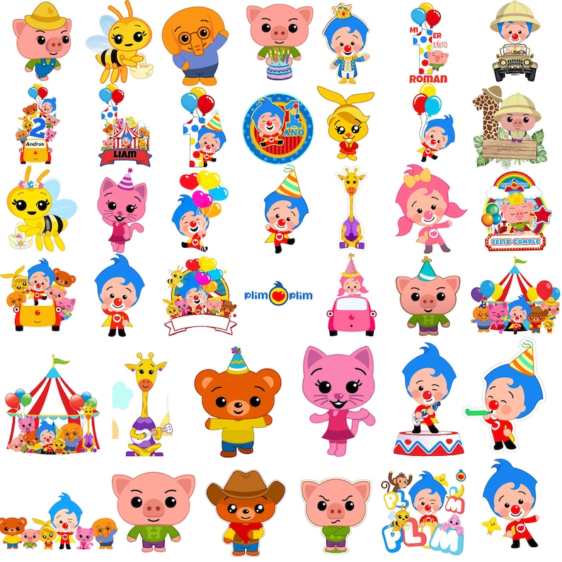 May include: A collection of colourful cartoon stickers featuring Plim Plim characters, including a blue-haired clown, a pink pig, a yellow bee, a brown bear, a giraffe, and a pink cat, with various party themes, balloons, and the text Plim Plim.