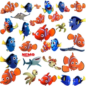 Puede incluir: Una colección de personajes de dibujos animados de la película "Buscando a Nemo". La imagen presenta varios peces, incluyendo peces payaso, peces cirujano azules y un tiburón. La palabra "NEMO" se muestra en letras rojas. Los personajes son de colores brillantes.