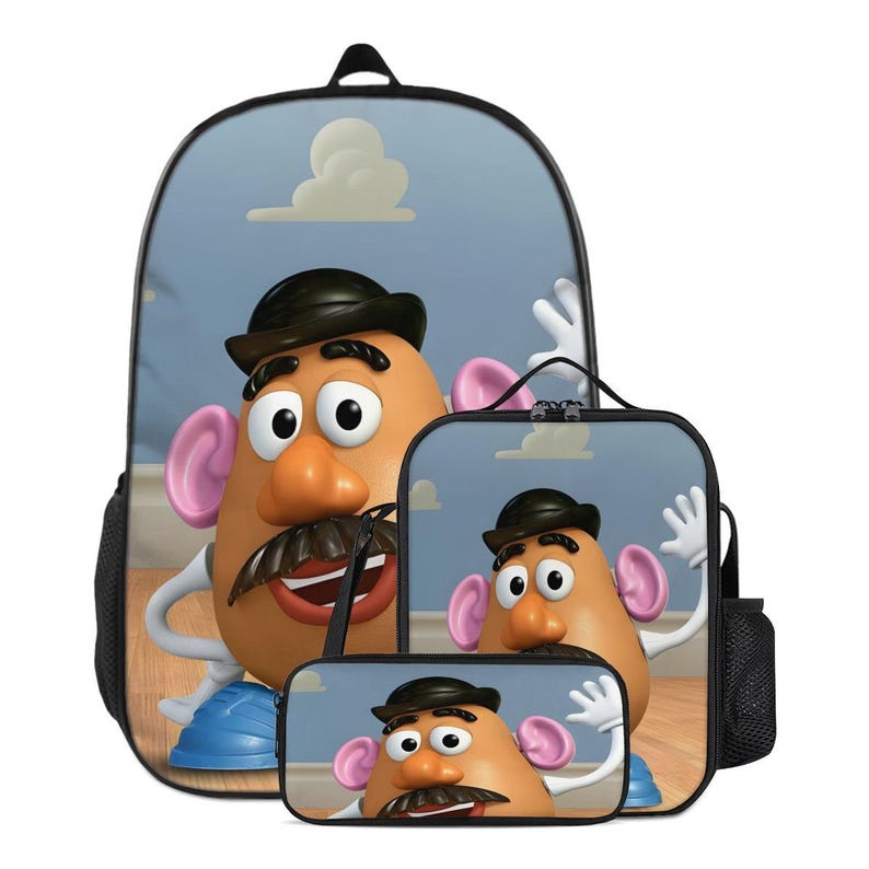 May include: A set of a backpack, lunch bag, and pencil case. Each item features a cartoon character with a tan face, black mustache, and a black hat. The background is a light blue sky with white clouds. The backpack has a black mesh side pocket.
