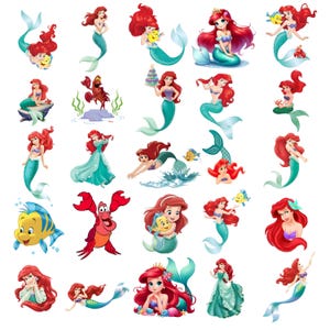 Può includere: Una collezione di illustrazioni colorate raffiguranti una sirena con lunghi capelli rossi e una coda turchese. La sirena è raffigurata in varie pose, spesso con creature marine come pesci e granchi. Le illustrazioni hanno uno stile cartone animato.