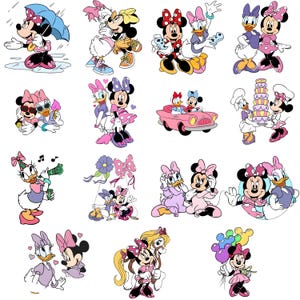 May include: A collection of sixteen individual illustrations featuring Minnie Mouse and Daisy Duck in various activities, including holding umbrellas, driving a pink car, carrying a tiered cake, playing with balloons, and wearing colorful outfits.