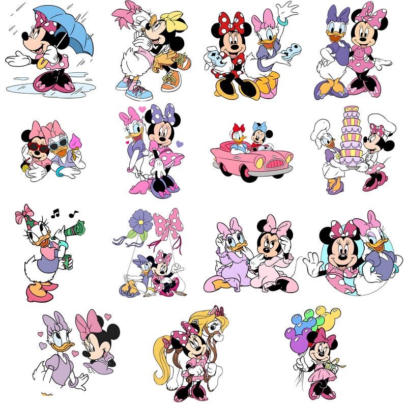 May include: A collection of sixteen individual illustrations featuring Minnie Mouse and Daisy Duck in various activities, including holding umbrellas, driving a pink car, carrying a tiered cake, playing with balloons, and wearing colorful outfits.