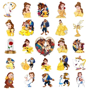 Puede incluir: Una colección de pegatinas coloridas con personajes y escenas de la película animada "La Bella y la Bestia". Las pegatinas incluyen a Bella, la Bestia y otros personajes icónicos en varias poses y escenarios. Las pegatinas son de varias formas y tamaños.