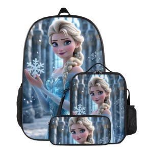 May include: A black backpack, lunch bag, and pencil case set featuring a cartoon image of a blonde woman in a blue dress holding a snowflake. The backpack has a large main compartment and a side mesh pocket. The lunch bag and pencil case also feature the same image.