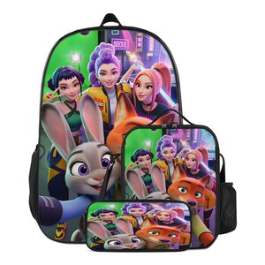 K-Pop Demon Hunters x Zootopia 2 Backpack Set | Kids Cartoon School Backpack Lunch Bag Pencil Case | Anime Animal Oxford Cloth Combo image 9