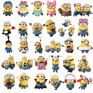 Könnte beinhalten: Eine Sammlung gelber Minion-Charaktere in verschiedenen Posen und Outfits. Einige tragen Latzhosen, Kochmützen und Accessoires wie Kopfhörer und Sonnenbrillen. Das Bild zeigt mehrere Minions, jeweils mit einzigartigen Ausdrücken und Details.